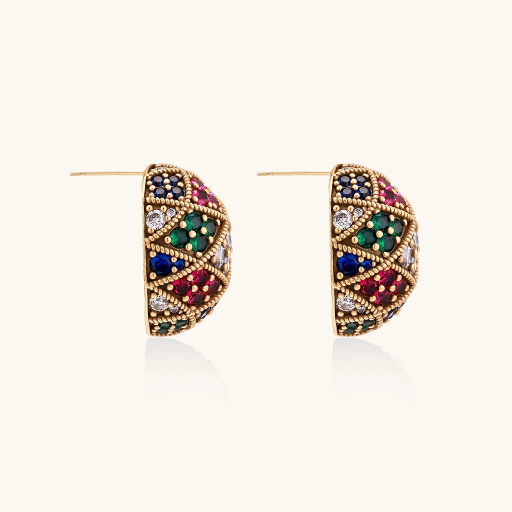 Oval gold-plated stud earrings with multicolor zirconia stones in geometric mosaic pattern