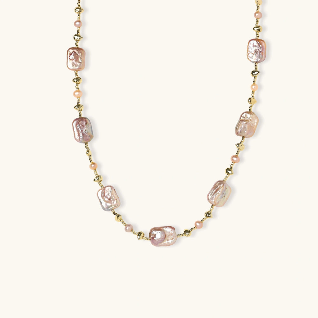 Iridescent baroque pearls alternating with small freshwater pearls on 14K gold-plated chain